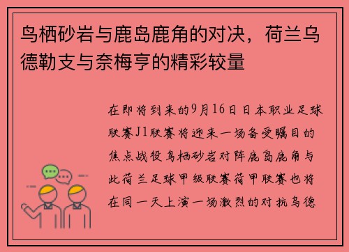 鸟栖砂岩与鹿岛鹿角的对决，荷兰乌德勒支与奈梅亨的精彩较量