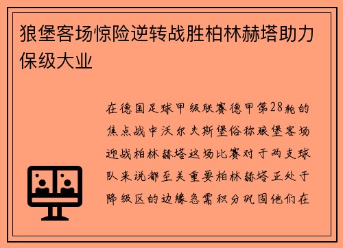 狼堡客场惊险逆转战胜柏林赫塔助力保级大业