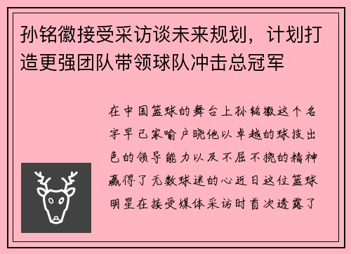 孙铭徽接受采访谈未来规划，计划打造更强团队带领球队冲击总冠军