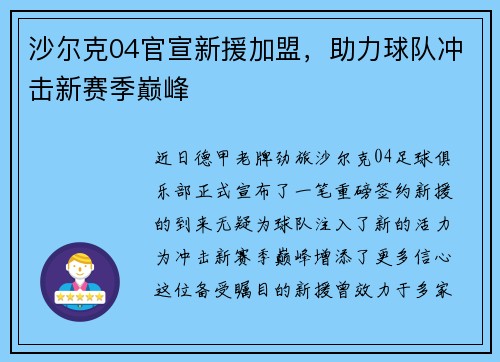 沙尔克04官宣新援加盟，助力球队冲击新赛季巅峰